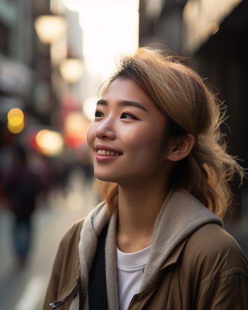 Photo a woman stands in the street and smiles at the camera