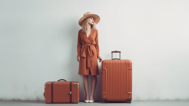A woman stands next to a suitcase.