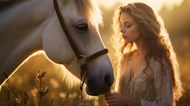 A woman stands in a sunlit meadow tenderly communicating with her majestic horse