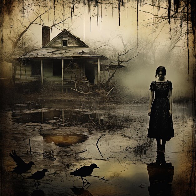 Photo a woman stands in a swamp with a house in the background