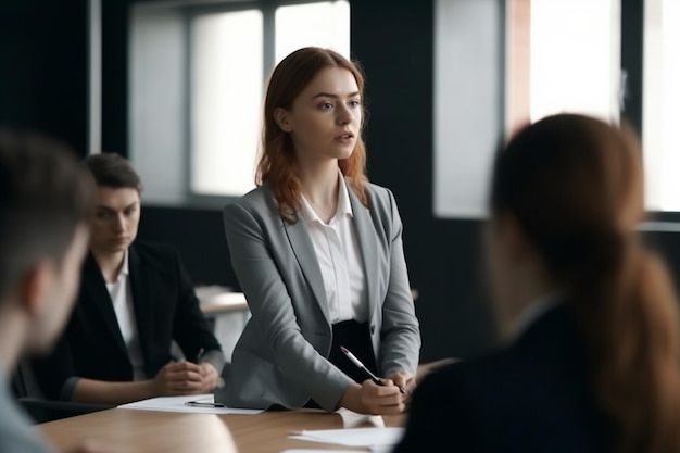 A woman stands at a table in a meeting room and speaks to a group of people.