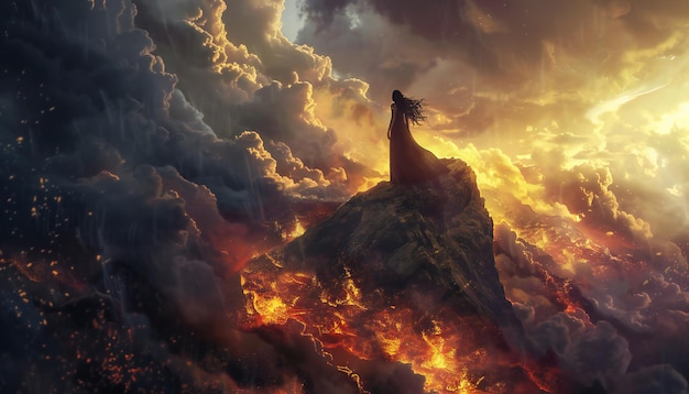 A woman stands on top of a mountain surrounded by howling storms burning flames and raging lava