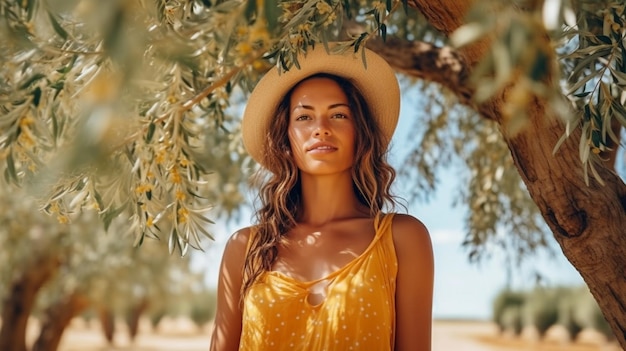 a woman stands under a tree and looks at the camera