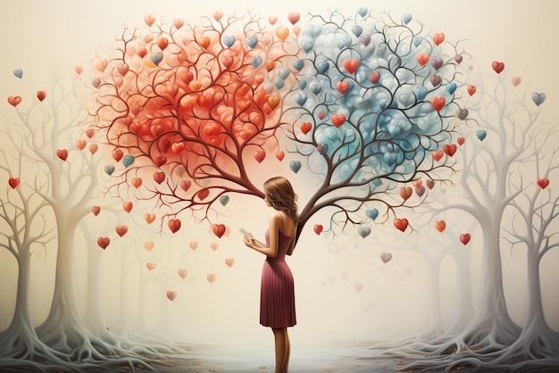 女性は心の木の下に立っています 愛と感情のコンセプト バレンタインデーポジティブな心