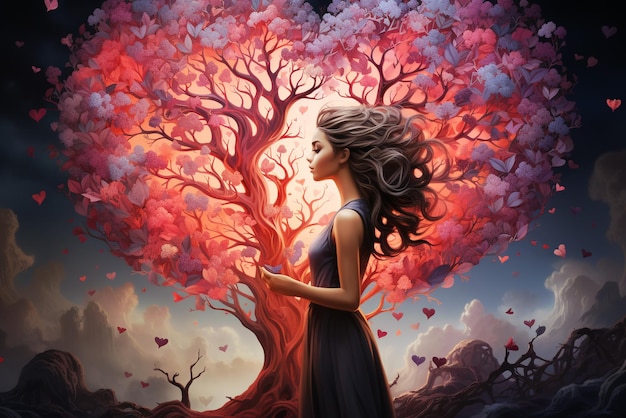 Woman stands under a tree with red hearts love and emotion concept valentines day positive mind good