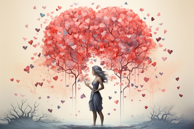 Photo woman stands under a tree with red hearts love and emotion concept valentines day positive mind good