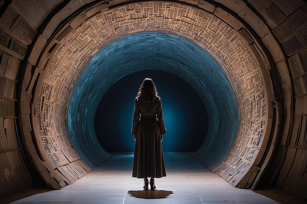 Женщина стоит в туннеле под названием "Книга знаний"