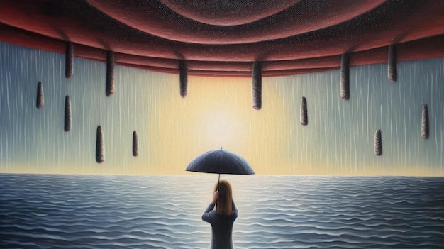Foto una donna si trova sotto un ombrello davanti a un palco con una donna in piedi nell'acqua e le parole 