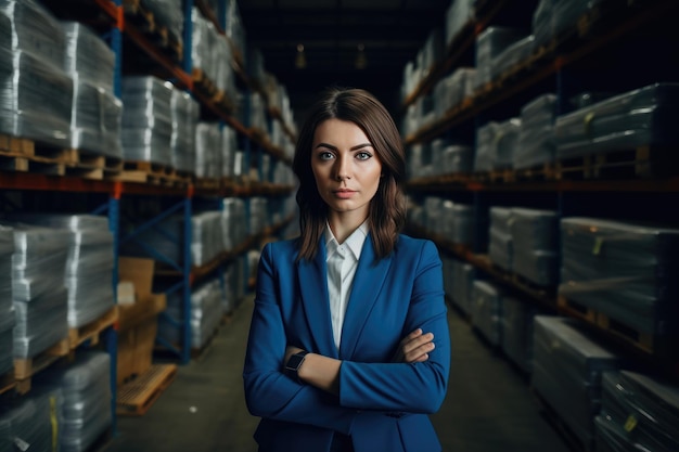 A woman stands in a warehouse with boxes on the shelves behind her.