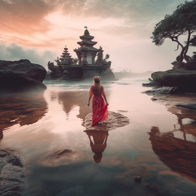 Foto una donna si trova nell'acqua davanti a un tempio.