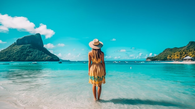 A woman stands in the water in front of a tropical island