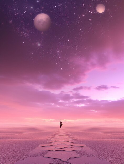 A woman stands in the water under a pink sky with the moon in the background.