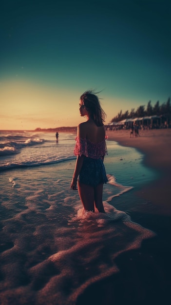 A woman stands in the water at sunset on the beach.