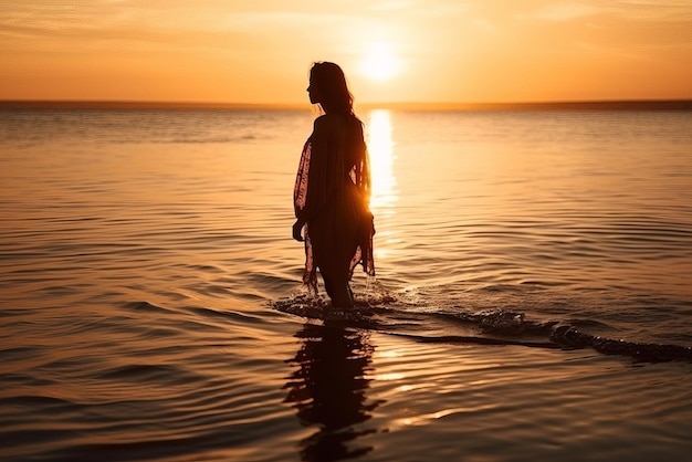 A woman stands in the water at sunset, with the sun setting behind her.