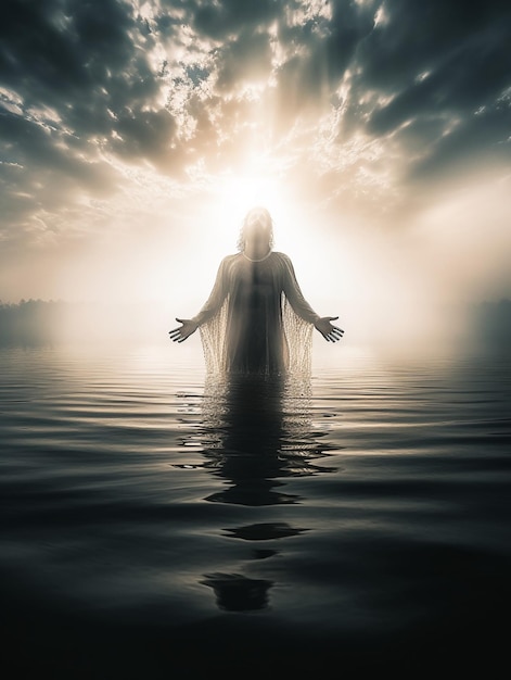 A woman stands in the water with her arms outstretched.