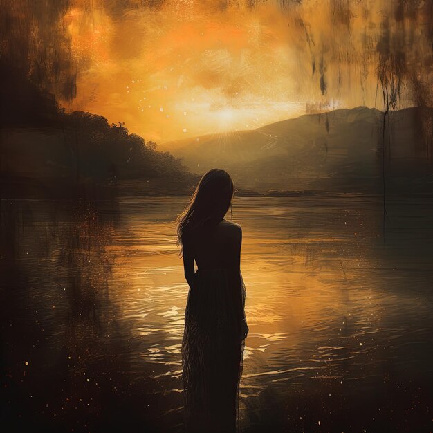 a woman stands in the water with the sun behind her back