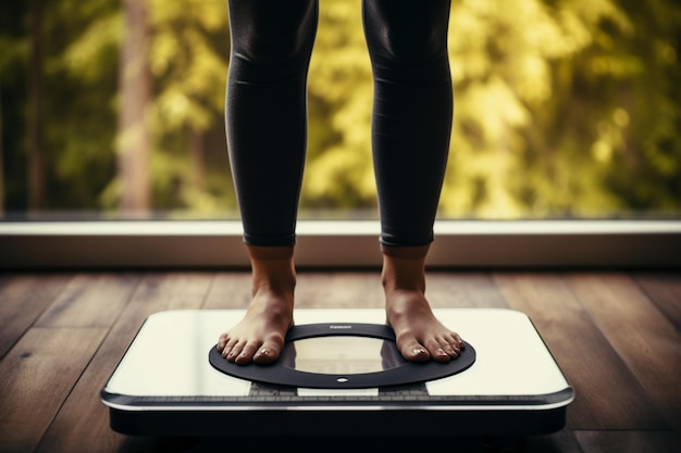 Woman stands on weight scale a moment of self assessment for body wellness