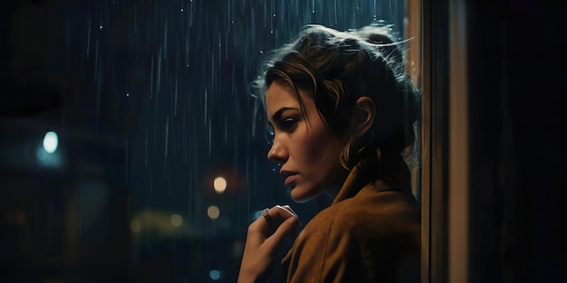 한 여자가 빗속의 창가에 서 있다.