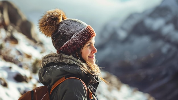 A woman stands with a backpack looking out at a snowcovered mountain landscape