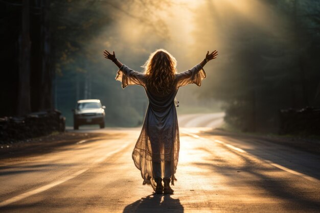 A woman stands with her arms outstretched in the middle of the road