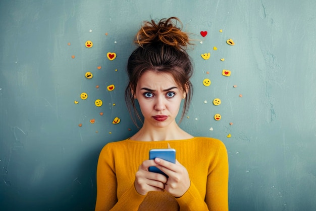 Foto donna che fissa il suo telefono circondata da reazioni ed emoji sovrastimolata dipendenza dai social media