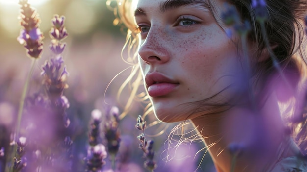 A woman staring off into the distance her delicate features illuminated by the soft purple particles