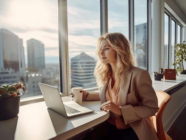 Woman starting an online business young european lady working with her laptop in modern office