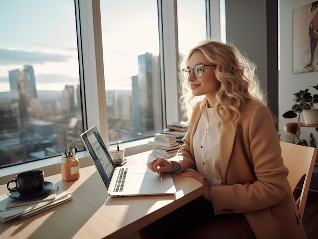 Woman starting an online business young european lady working with her laptop in modern office