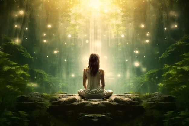 Woman in the state of meditation in magic heavenly forest with lush vegetation and trees and light r
