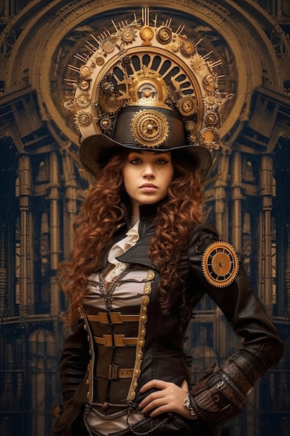 A woman in a steampunk style hat and jacket stands in front of a building.