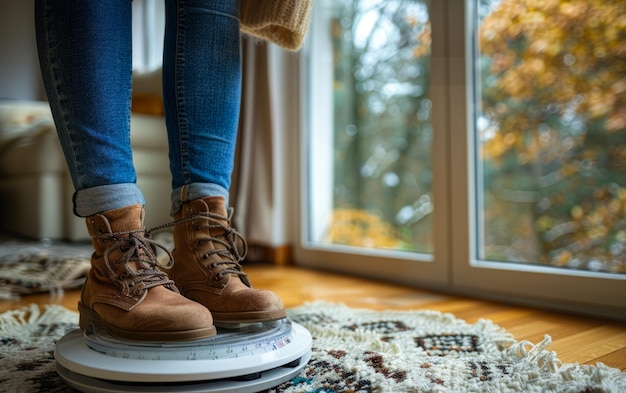 Photo woman stepping on scale at home to check her weight