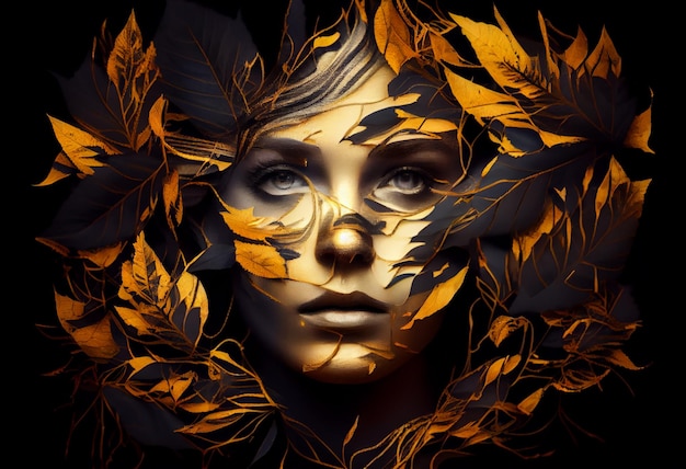 Woman sticking out of black and gold leaves Generate Ai