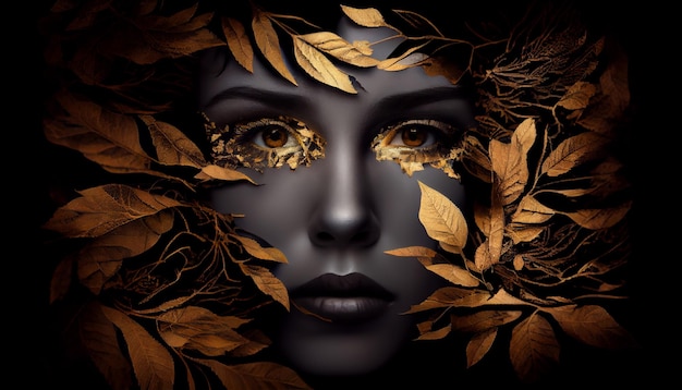 Woman sticking out of black and gold leaves Generate Ai