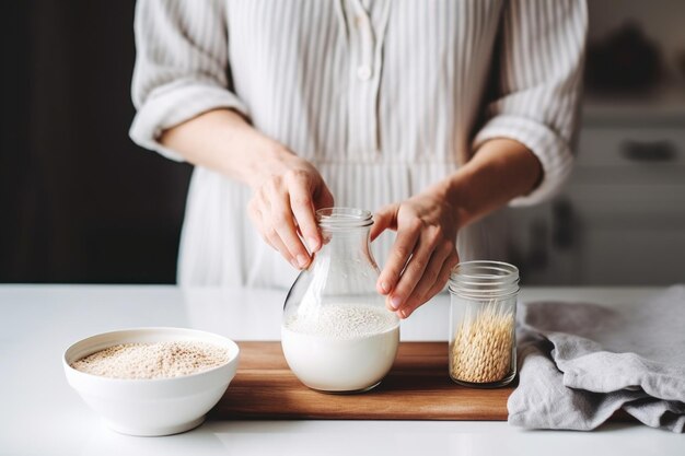 Woman stirring almond milk into her oatmeal breakfast bowl
