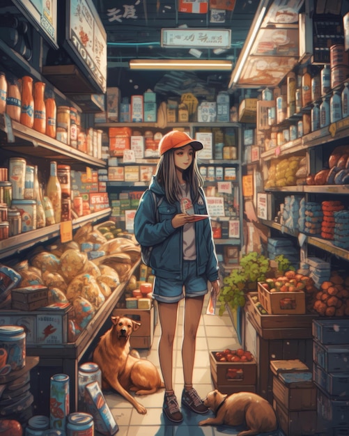 A woman in a store with a dog in the background