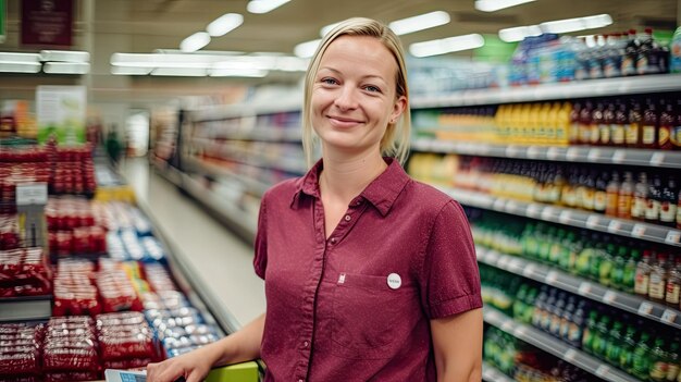 a woman in a store with a label that says  do not drink