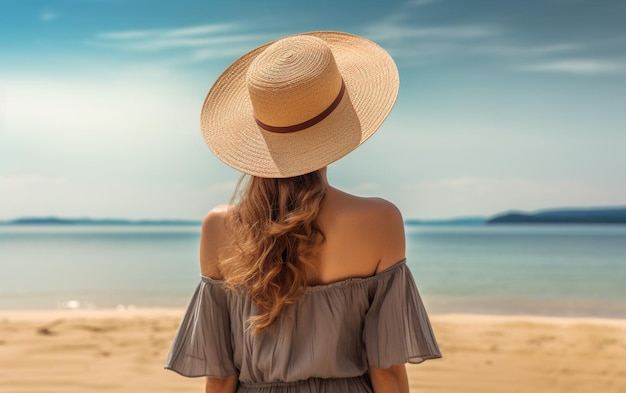 a woman in a straw hat on the beach looks out to sea