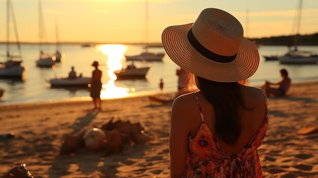 woman in straw hat and glass of sparkling orange water on wooden table top on beach