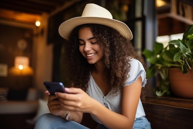 a woman in a straw hat is texting on her phone