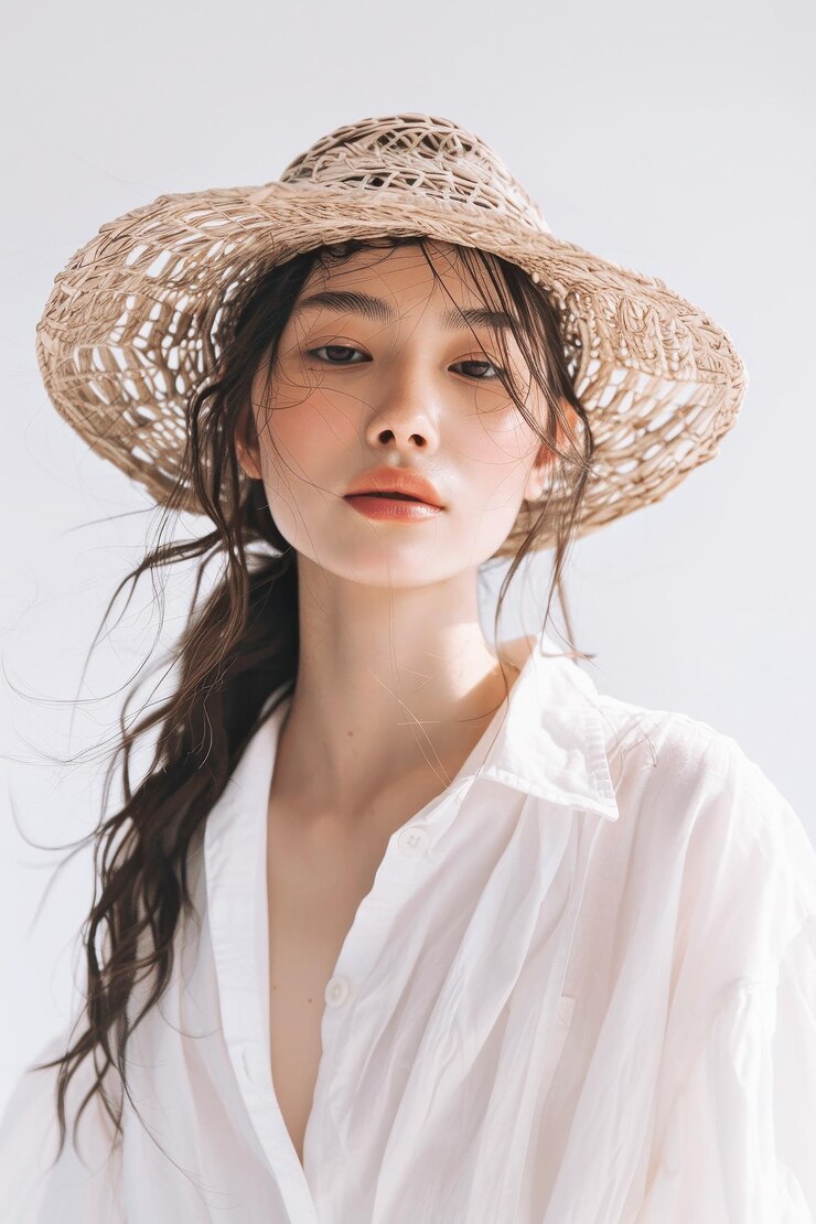 Photo ストローハットをかぶった女性がストローハートをかぶっている