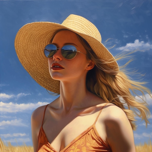 Женщина в соломенной шляпе носит солнечную шляпу.