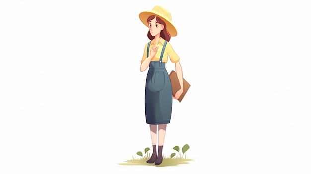 A woman in a straw hat and overalls stands in a field and holds a book.