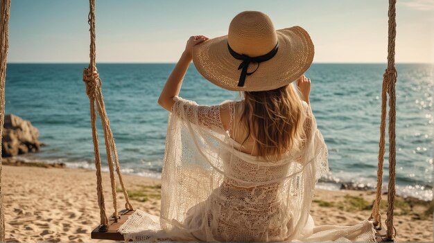 Photo a woman in a straw hat sits on the beach