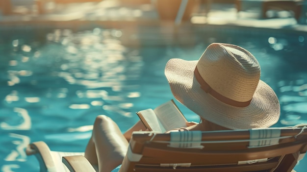 a woman in a straw hat sits in a swimming pool