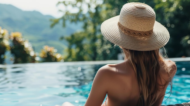 Woman in a straw hat sitting by a pool