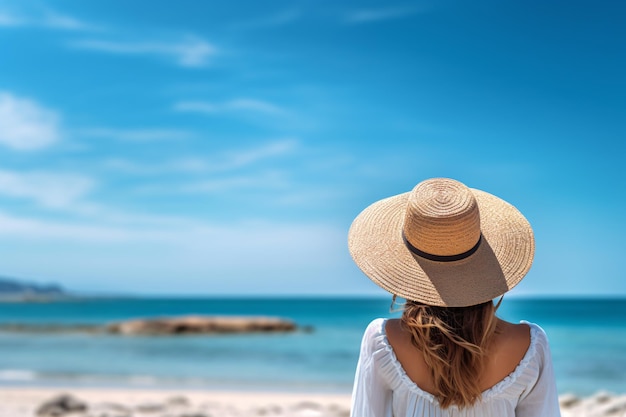 Woman in straw hat standing on the beach facing seashore Created with Generative AI technology