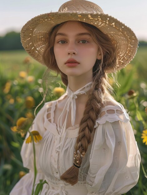 woman in a straw hat standing in a field of tall grass