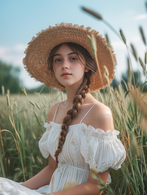 Photo woman in a straw hat standing in a field of tall grass