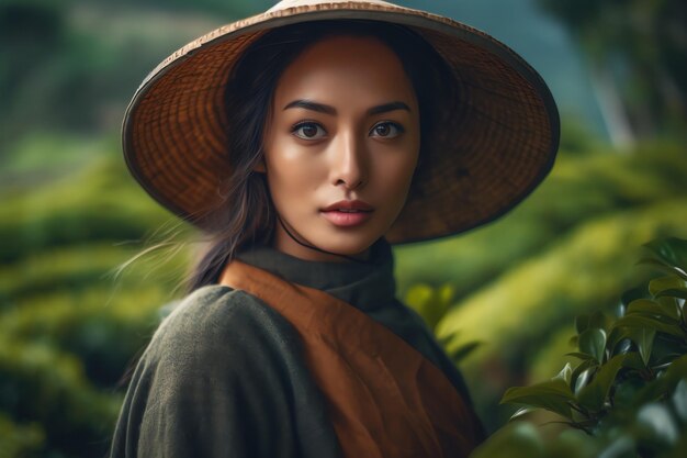 A woman in a straw hat stands in a field of tea.