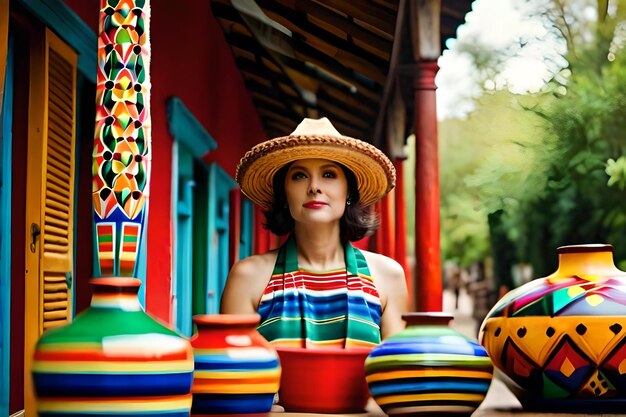 Foto una donna con un cappello di paglia si trova davanti a un vaso colorato.